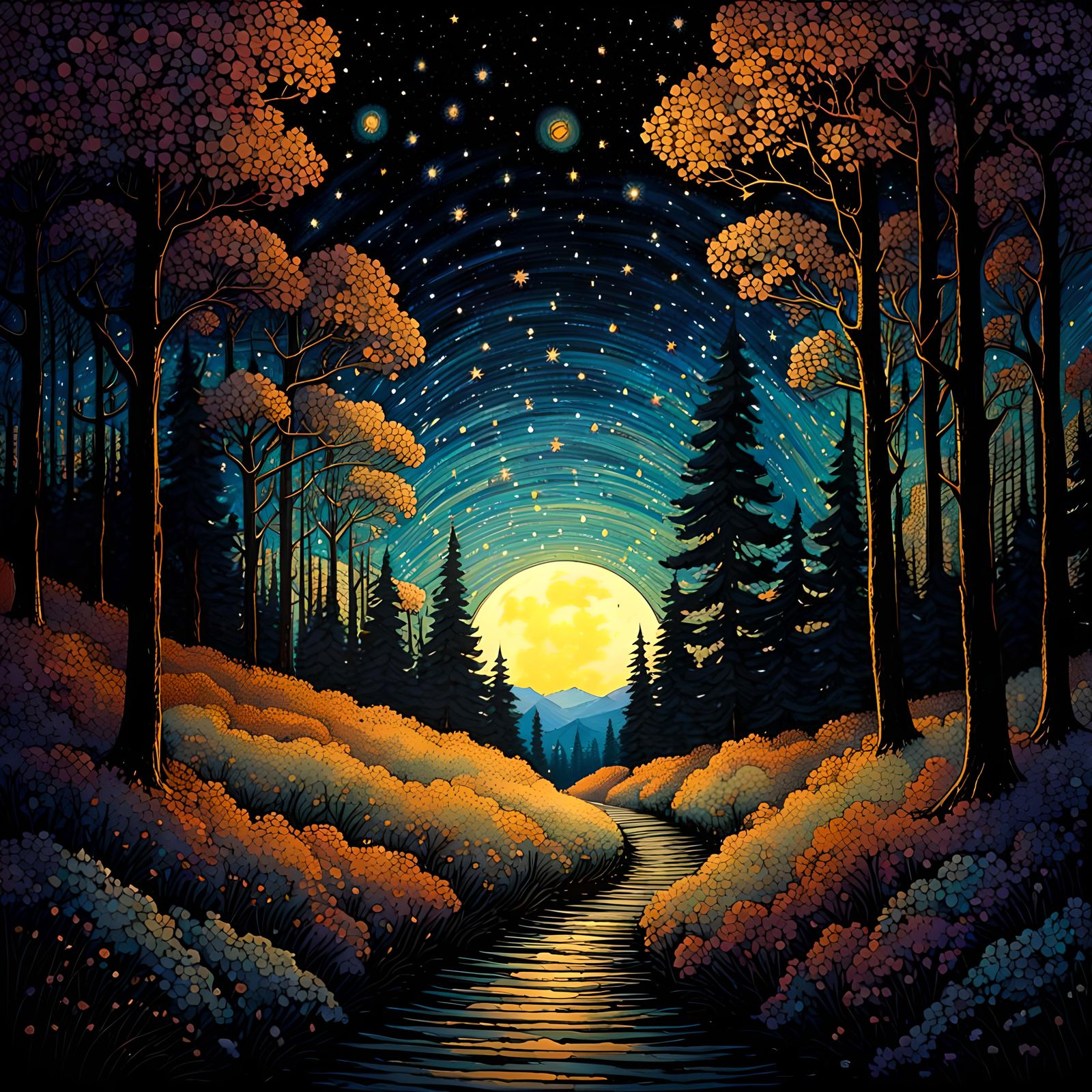 Black black sky, bright bright stars, path through fantasy forest, by james r eads