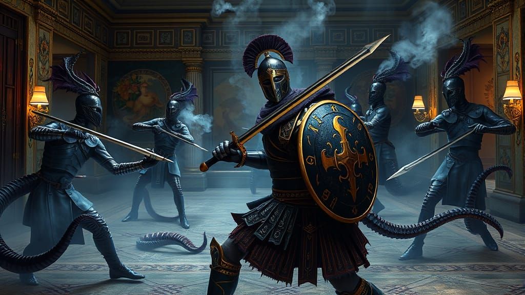 Paladin Versus Serpent Ninjas in Roman Baths