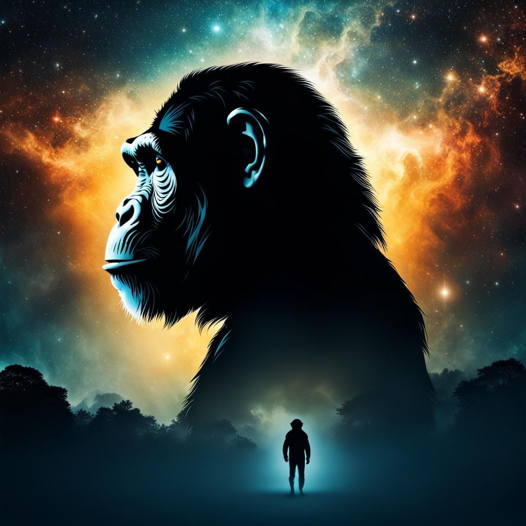 Ethereal Chimpanzee and Human Double Exposure Art