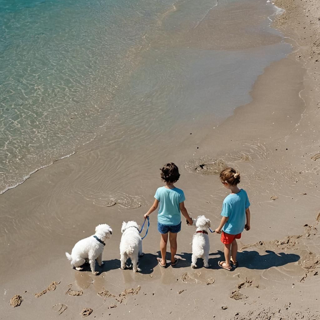 Children and Dogs Watch Turtle on Lonely Beach
