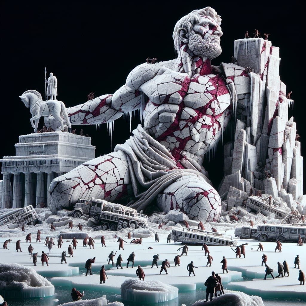 Icy Lagoon Scene with Enormous War Statue