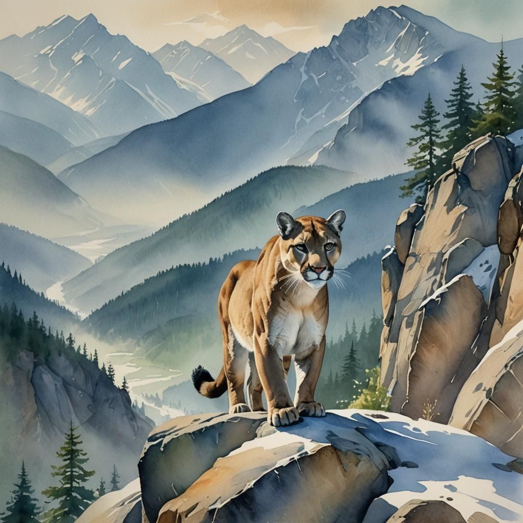 Cougar in Mountain Landscape: Watercolour Painting