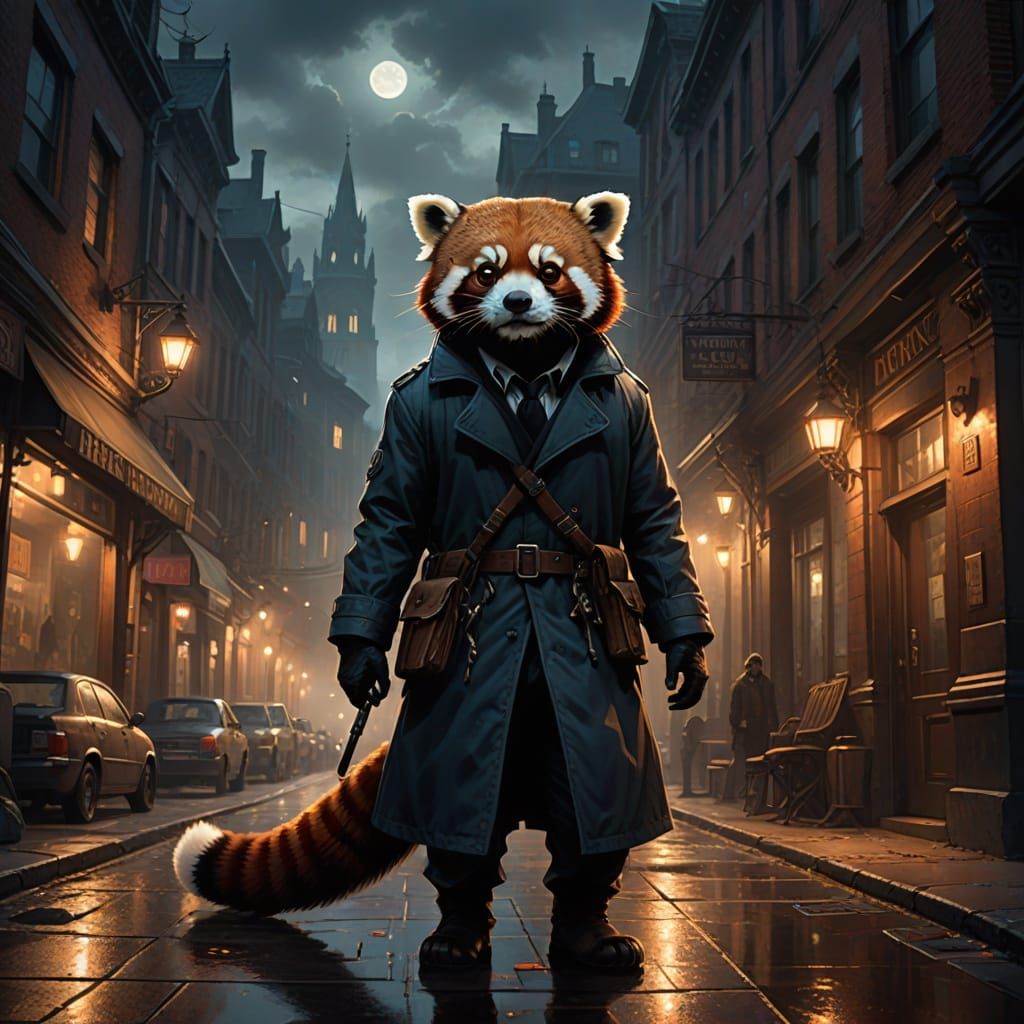 Red Panda Detective in Foggy Victorian Street