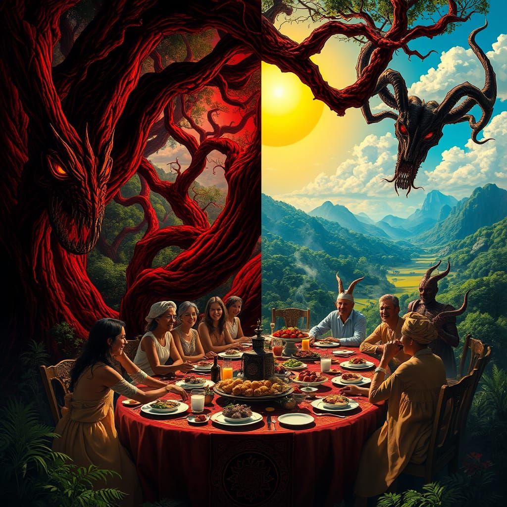 Cultures Unite in Vibrant Harmony, Beside a Dark and Forebod...