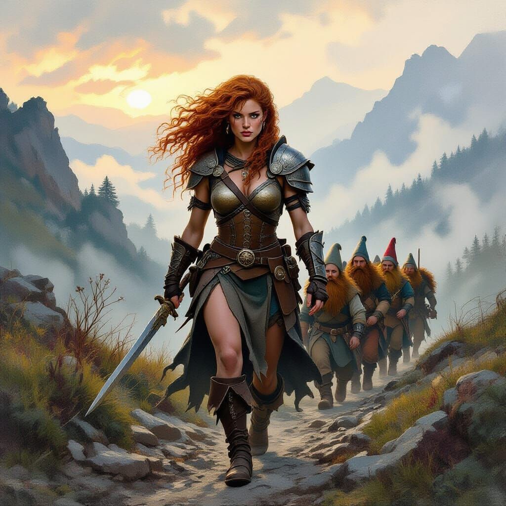 Redhead Barbarian Leads Gnomes Through Misty Mountains