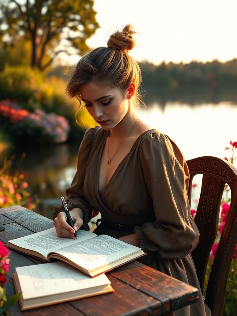 Young Writer Lost in Thought by Serene Lake