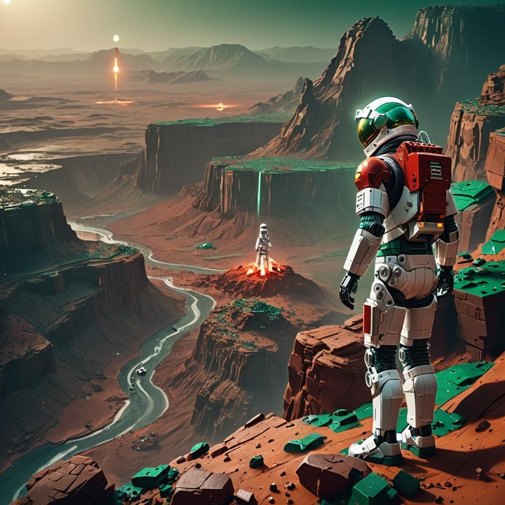 Astronaut on Mars with LEGO Spaceship in Digital Art