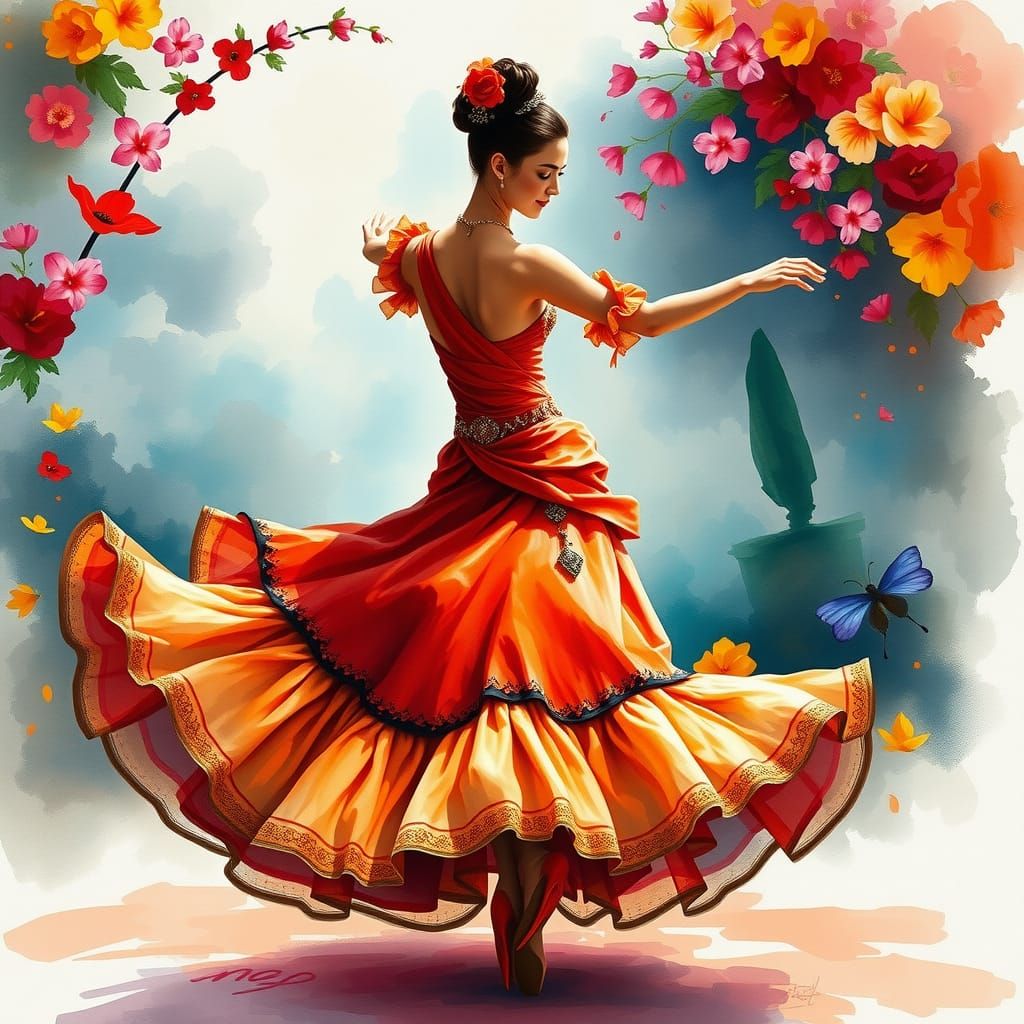 Flamenco Ballerina in Watercolor Post-Impressionist Style