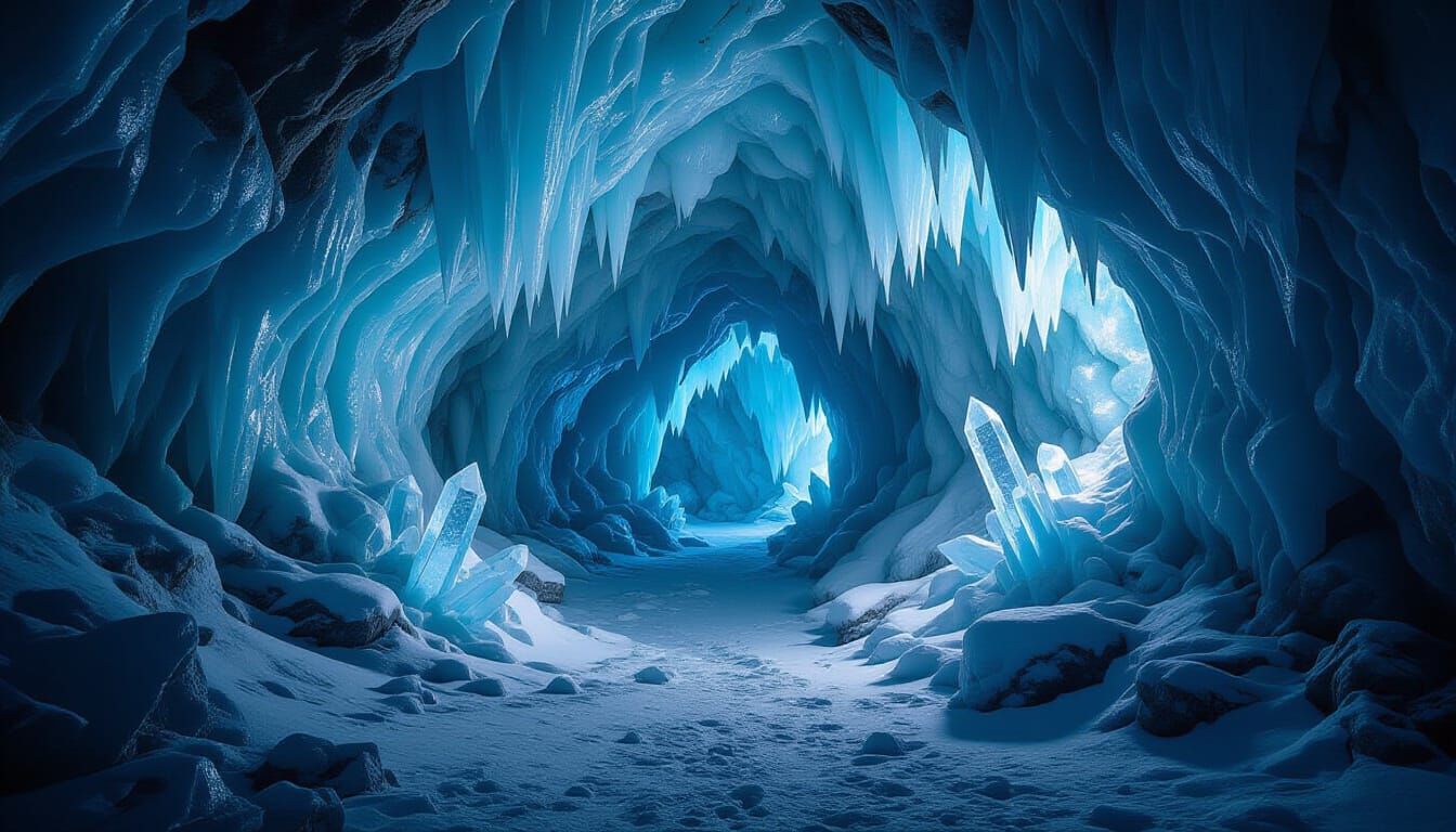 Dark Fantasy Ice Cave Interior With Glowing Crystals