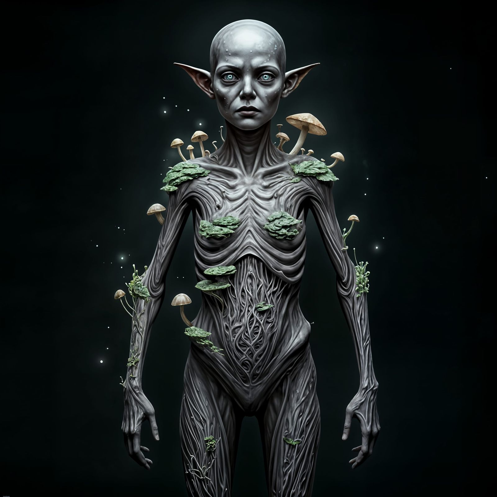 Undead Dark Elf Child Covered in Mycelium and Mushrooms