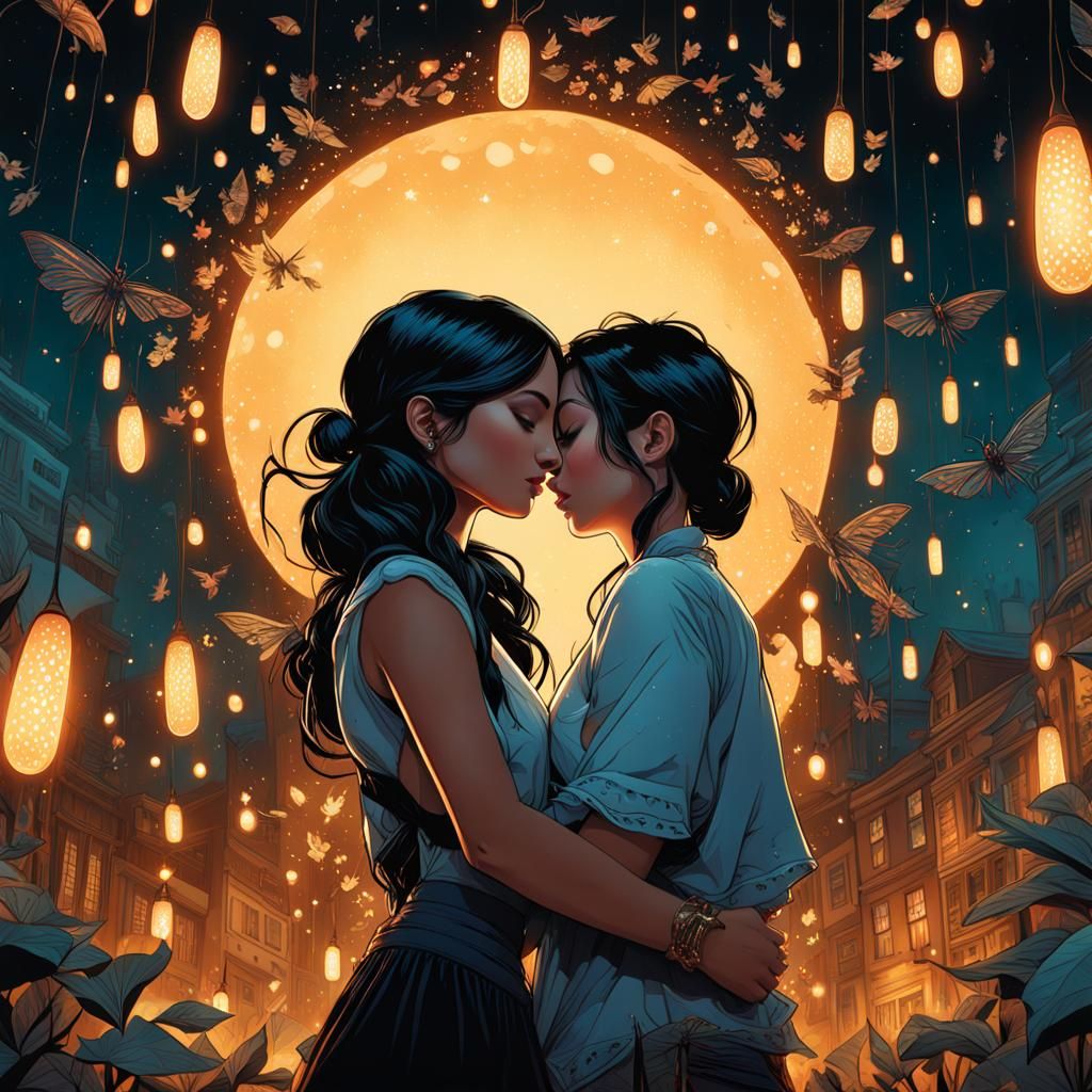 Latina Girl and Demon Embrace in Firefly Night