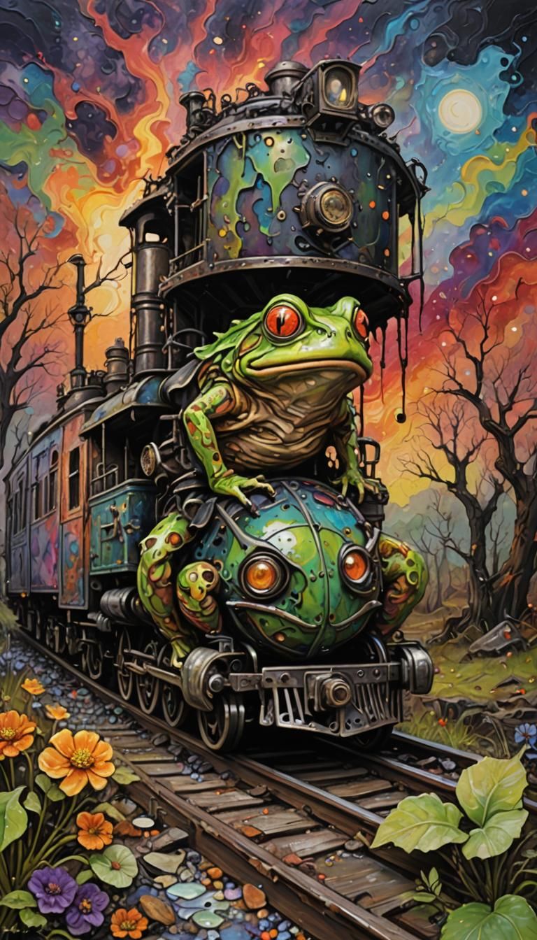 Steampunk Train Graveyard in Psychedelic Impasto Style