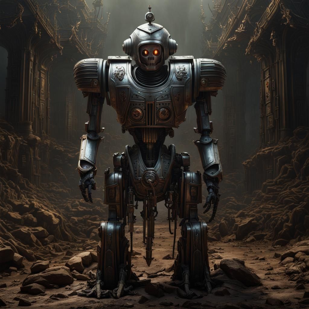 Suicidal Robot on Giger Battlefield as Dark Painting