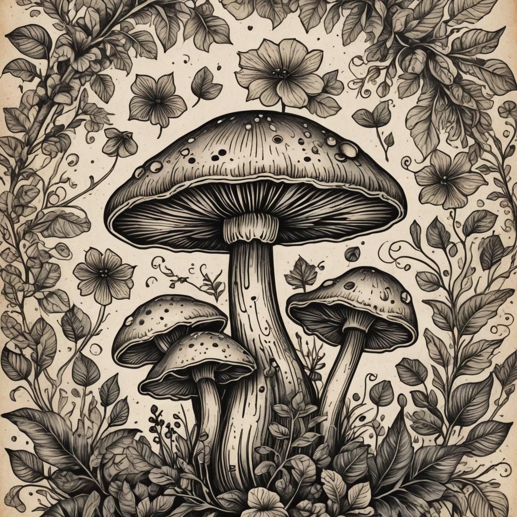 Vintage Mushroom Tattoo Art in Distressed Style