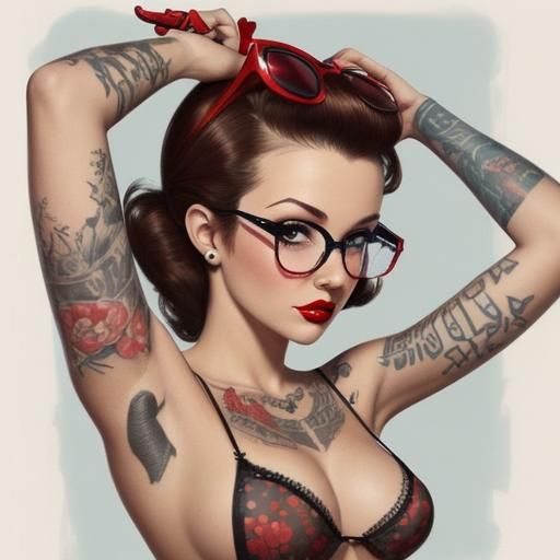 Tattooed Pin-Up Girl with Glasses