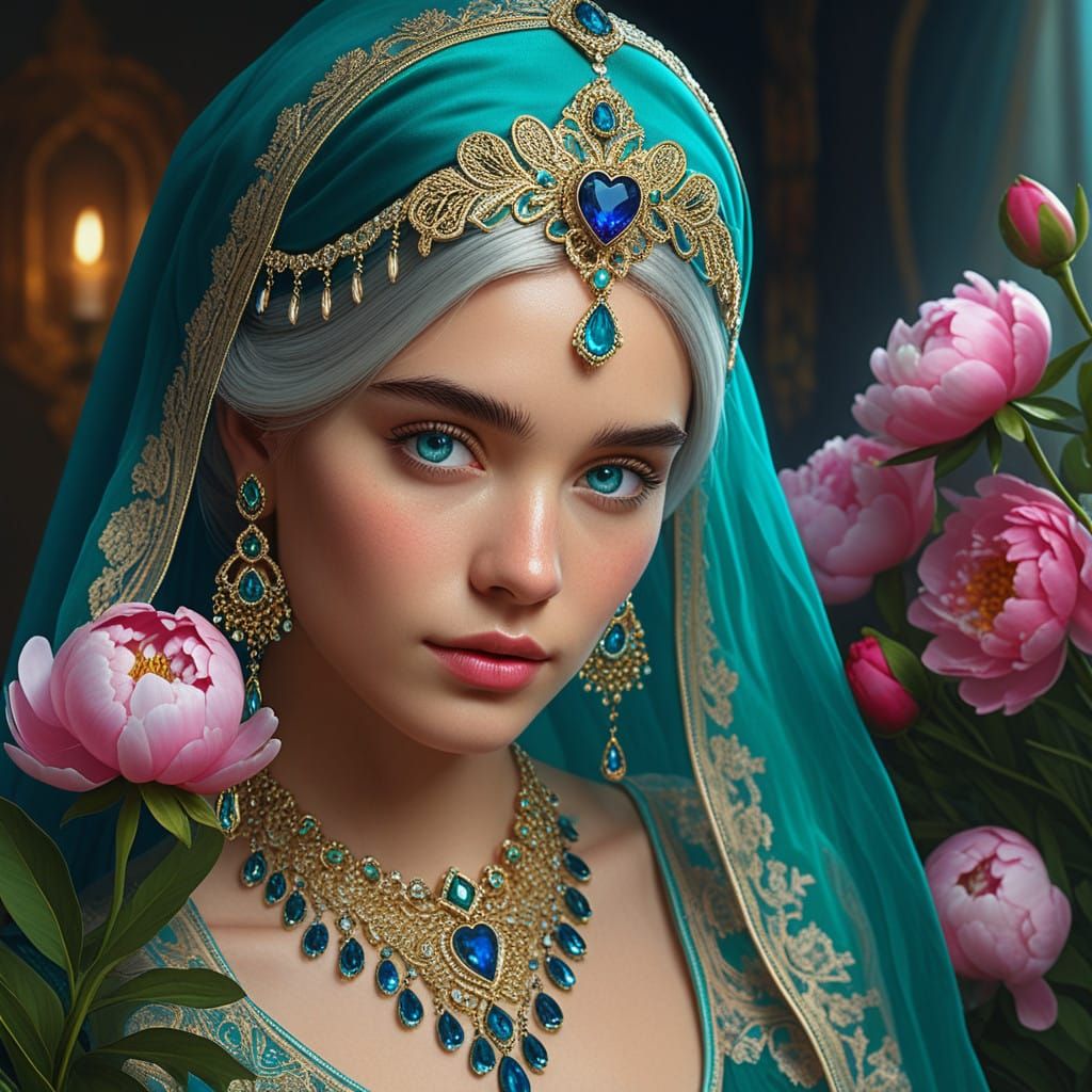 Luxurious Portrait of a Blue-Eyed Woman in Vibrant Bloom