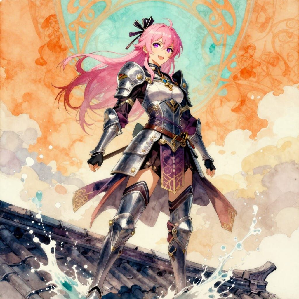Pink Haired Samurai in Gothic Armor Watercolor Art