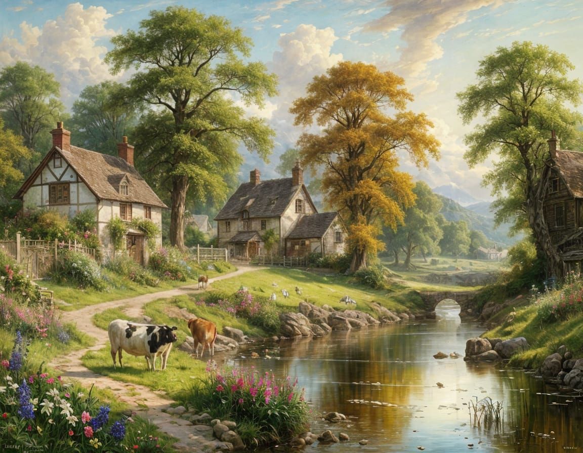 Idyllic Summer Village Painting in Impressionist Style