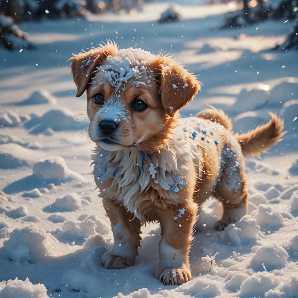 Puppy Playing in Snow: Whimsical Fantasy Concept Art