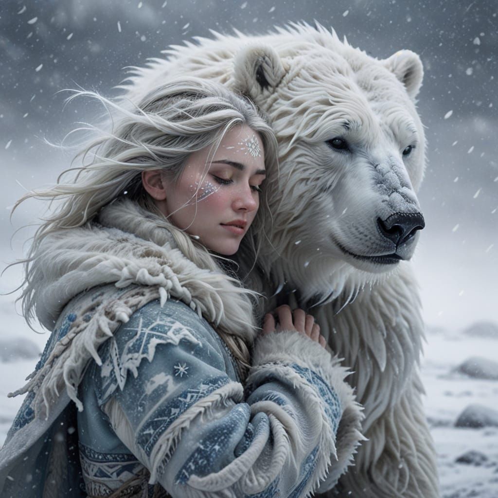 Frosty Arctic Goddess Embraces Polar Bear in Snowy Blizzard