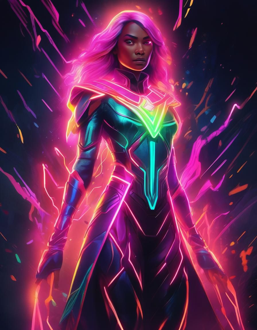 Powerful, Mystical Hero Woman Wearing A Glowing Neon Outfit, With Vivid Power Leaving Her Body