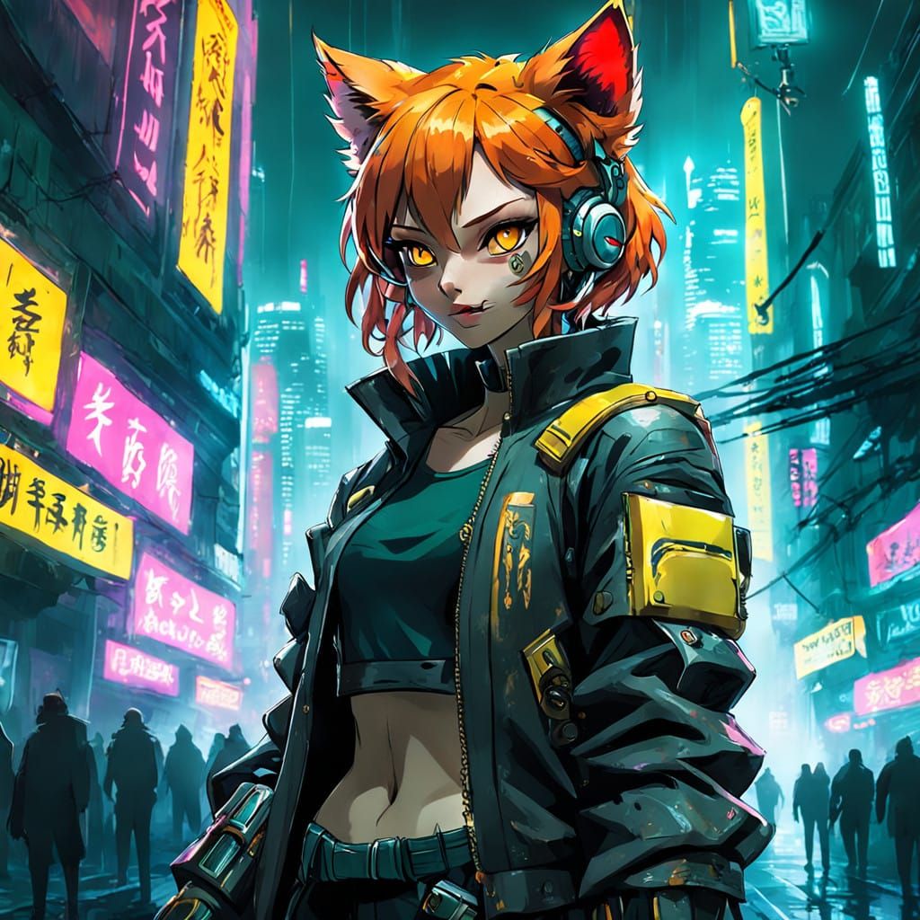 Cyberpunk Catgirl with Orange Hair and Eyes