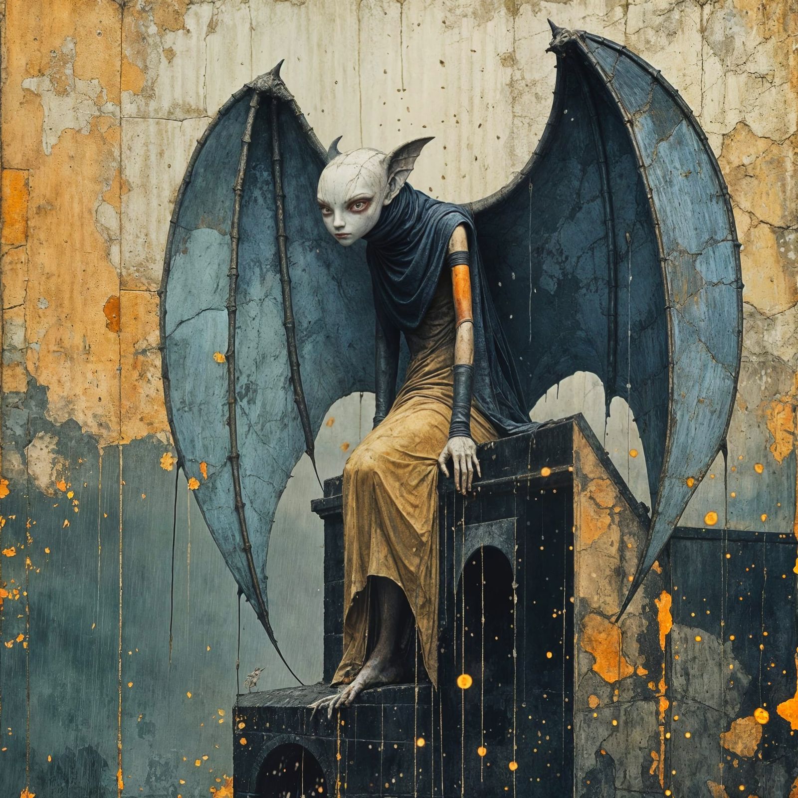 Gargoyle in Silver Rain Over Ancient Church