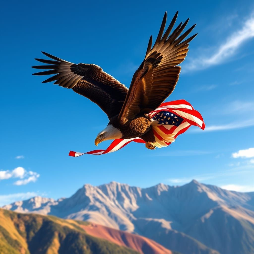 Bald Eagle Soars Through Blue Sky with American Flag in Cybe...