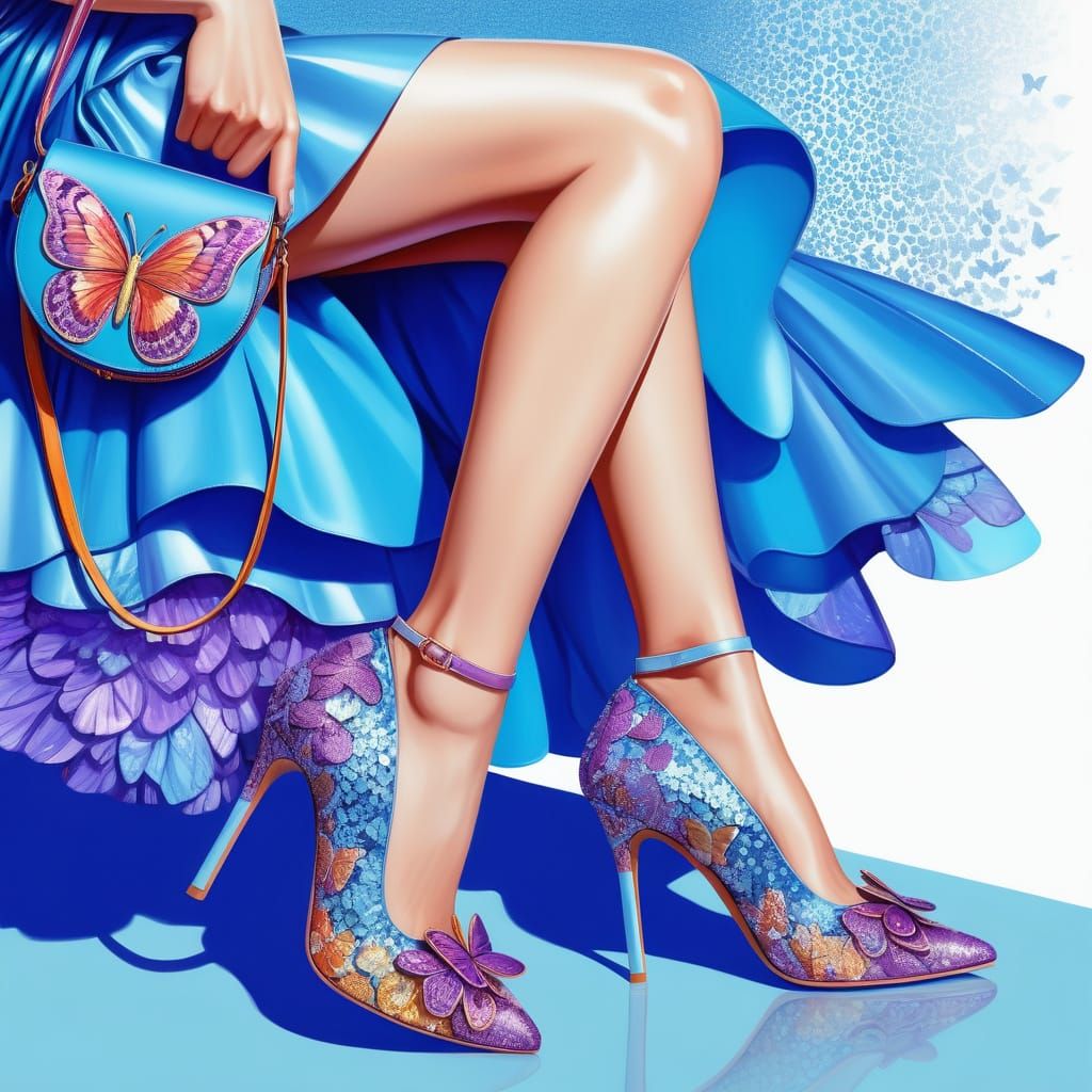 Butterfly Patterned Shoes and Bag in Vibrant Digital Art