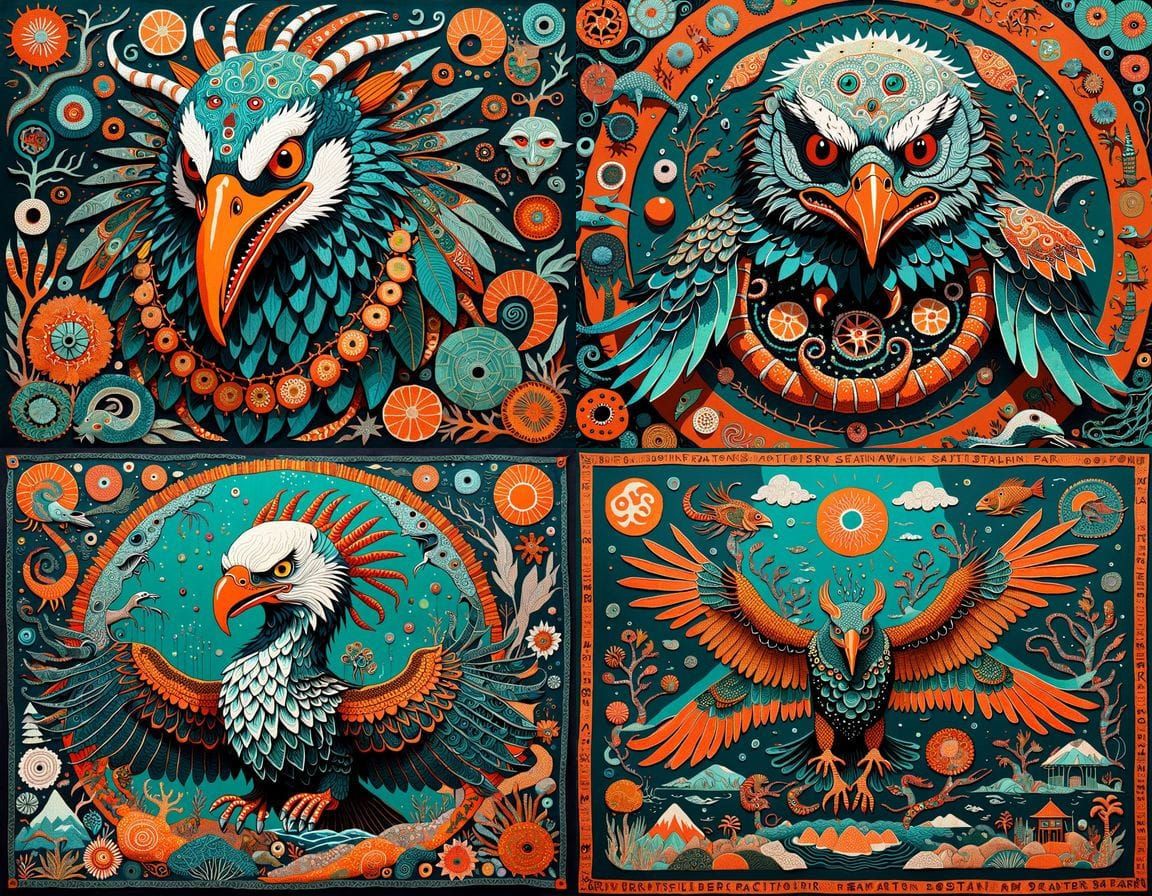 Surrealistic Tapestry in Whimsical Folk Art Style