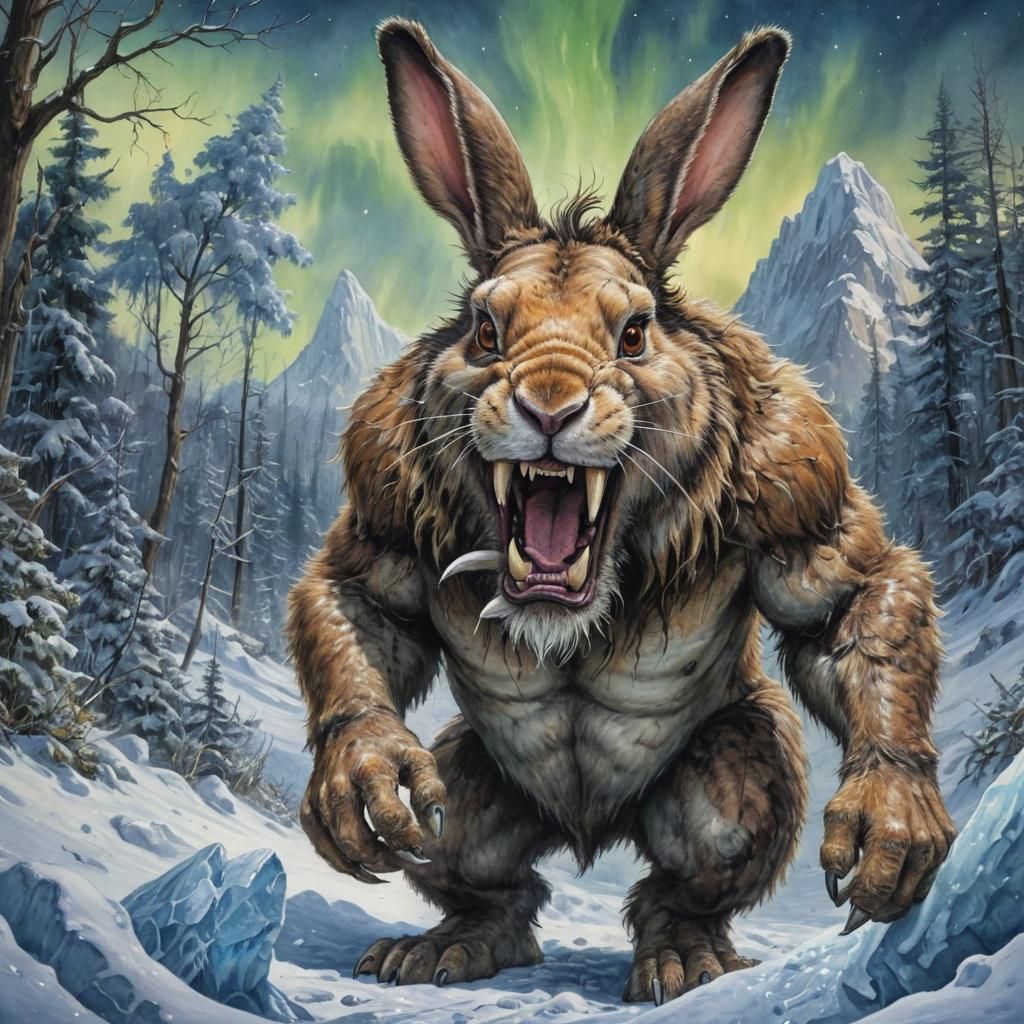 Neanderthal Bunny Portrait with Sabertooth Fangs, Aurora Pun...