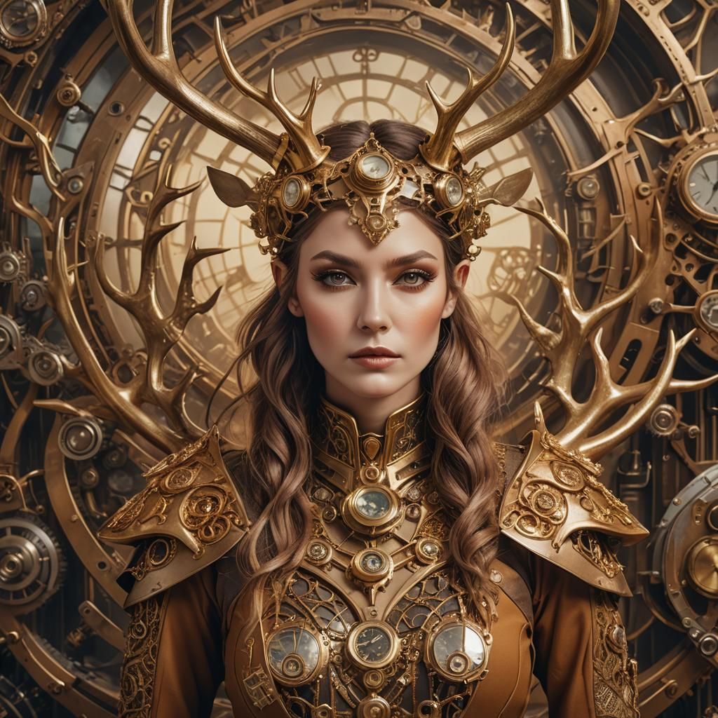 Surreal Gold Antlered Woman in Fairy Tale Landscape