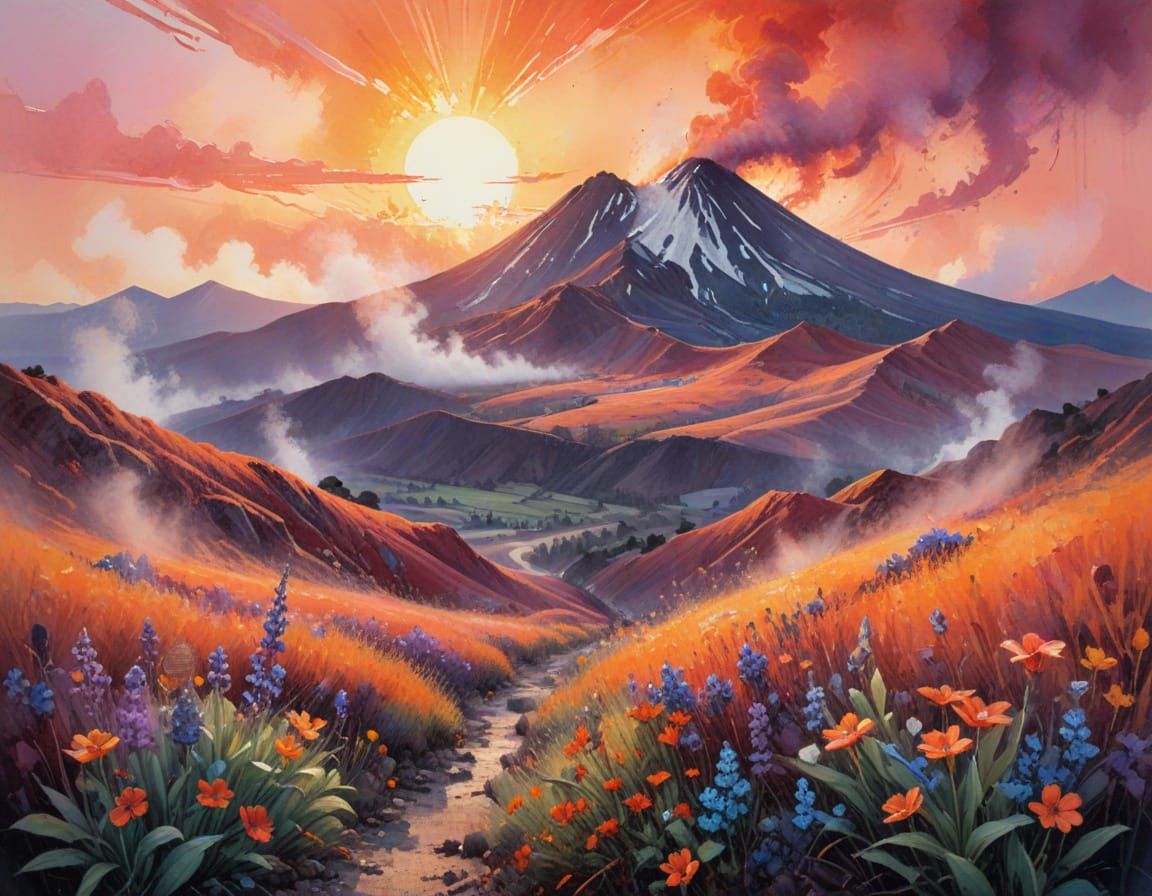 Volcanic Plateau at Dawn in Neo-Impressionist Style