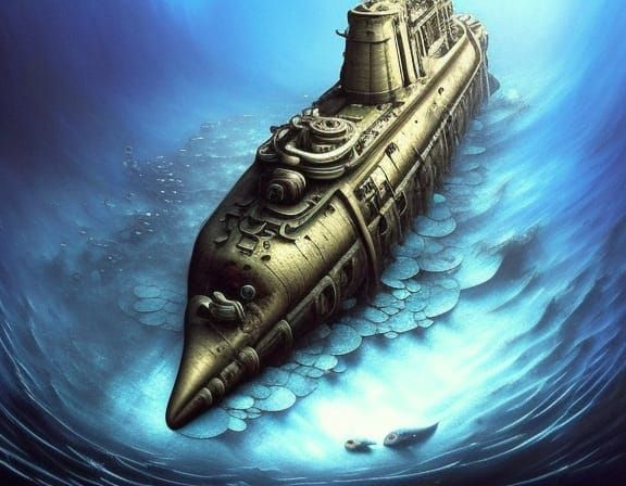 Steampunk Nuclear Submarine in Deep Blue Sea