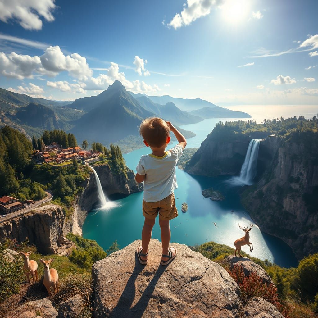 Photorealistic Panorama of a Child in a Breathtaking Natural...
