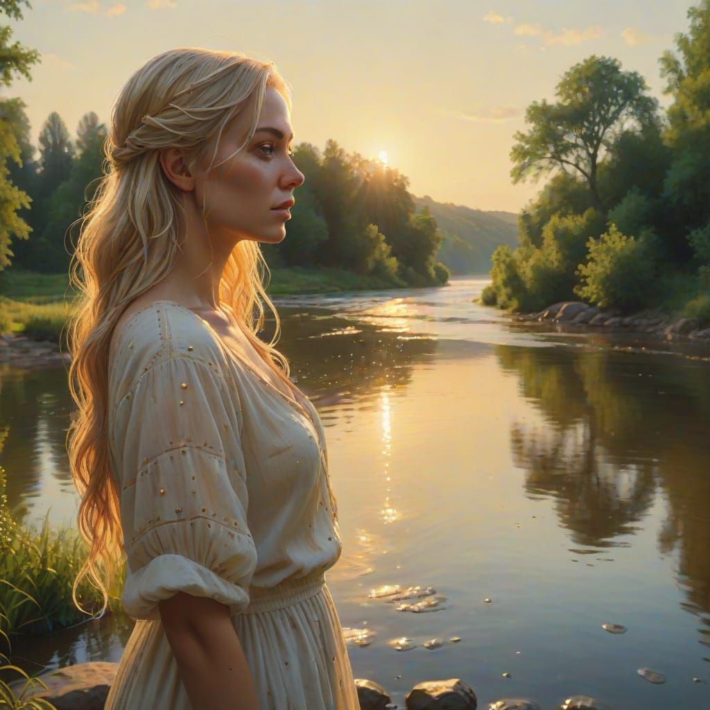 European Girl by River in Golden Hour Oil Painting