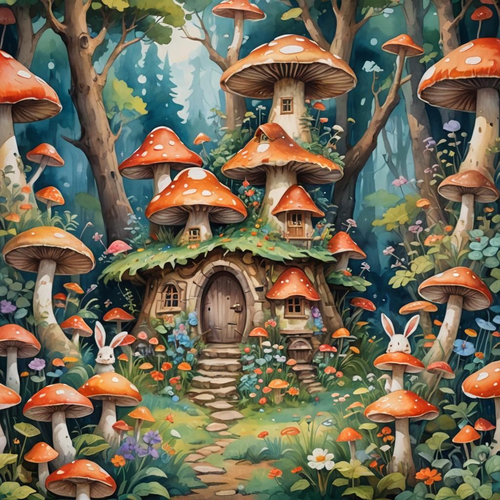 Mushroom House With Rabbit Family in Gouache Style
