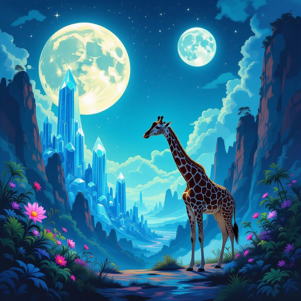 Giraffe in Alien Jungle Under Twin Moons
