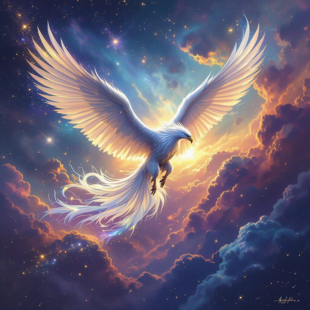 Griffin Soaring Through Vibrant Cosmic Nebula