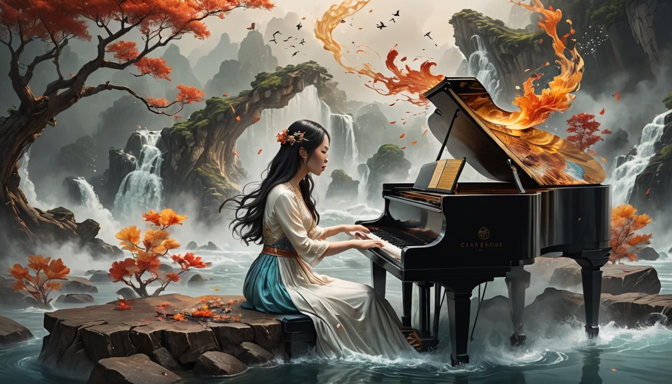 Piano Girl: Hyperrealistic 3D Double Exposure of Four Elemen...