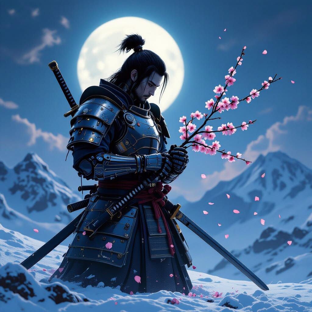 Cyborg Samurai on Snowy Mountaintop in Dramatic Lighting