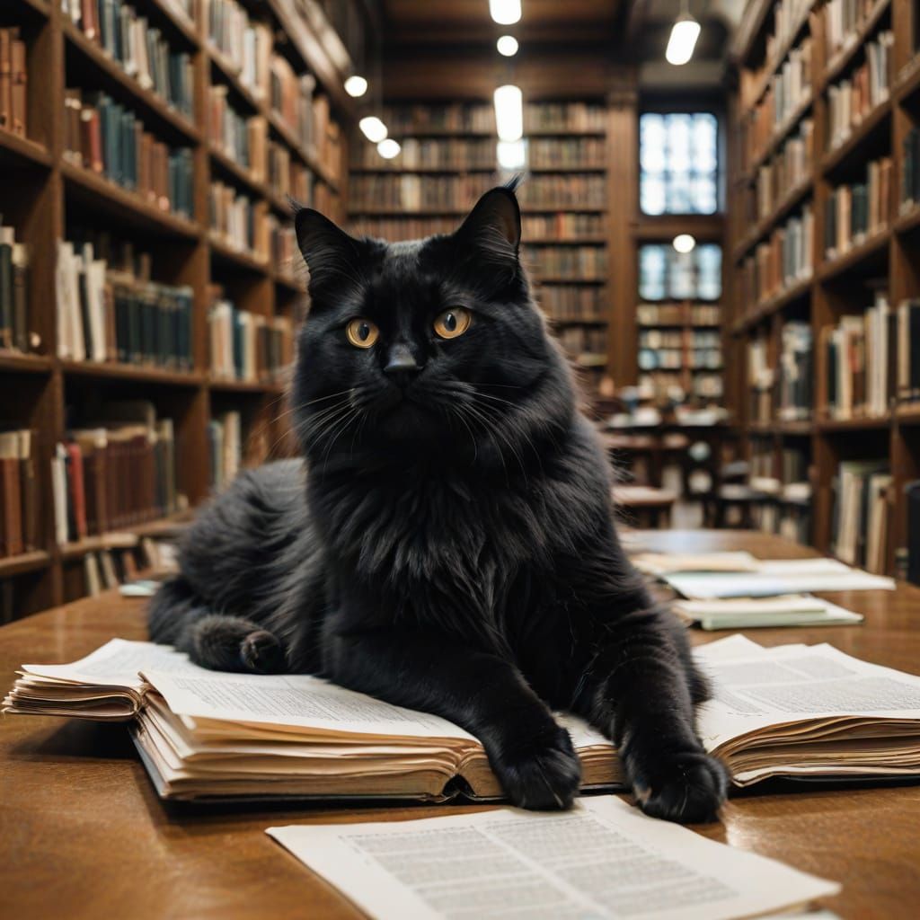 Fluffy Black Cat Nap in Grand Library