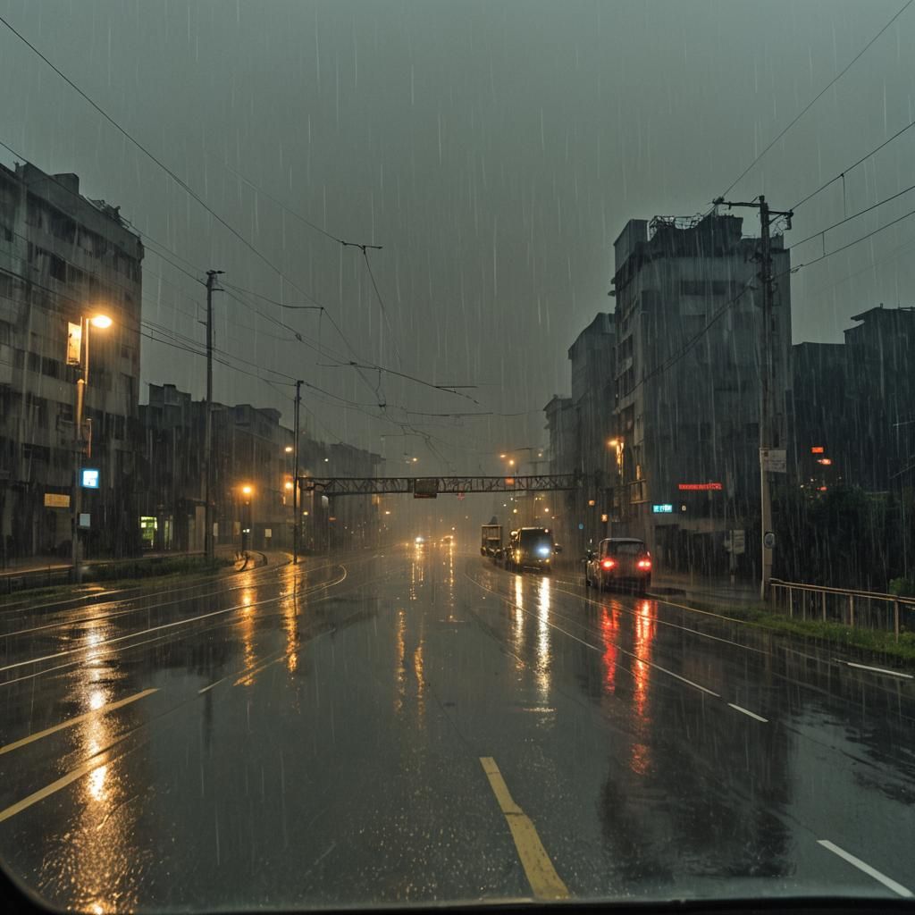 Rainy Night Train View from Car Window