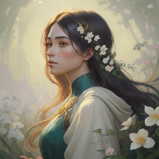 Hopeful Young Woman in Vibrant, Dreamlike Environment