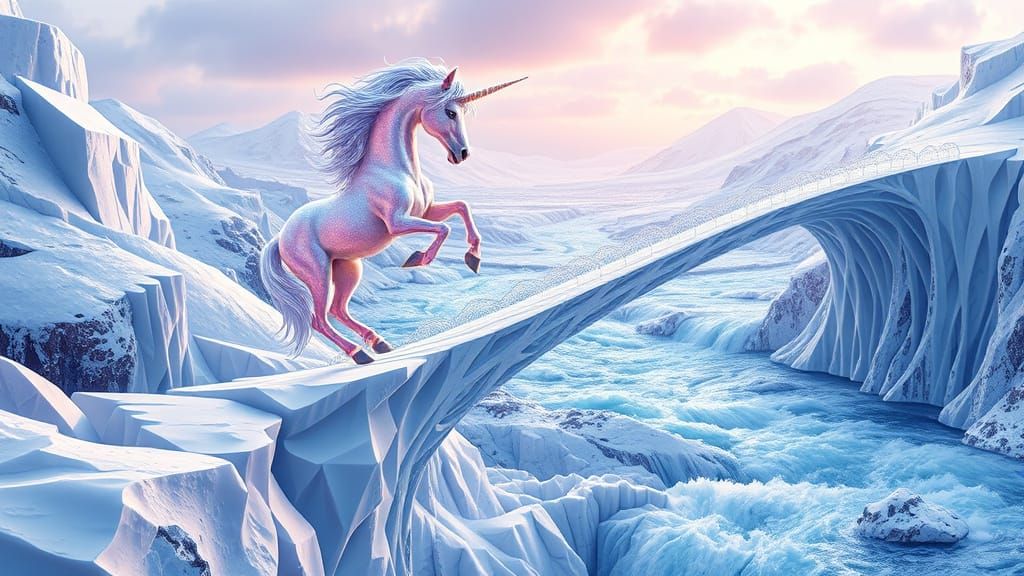 3D digital art,  a beautiful iridescent unicorn crosses an i...