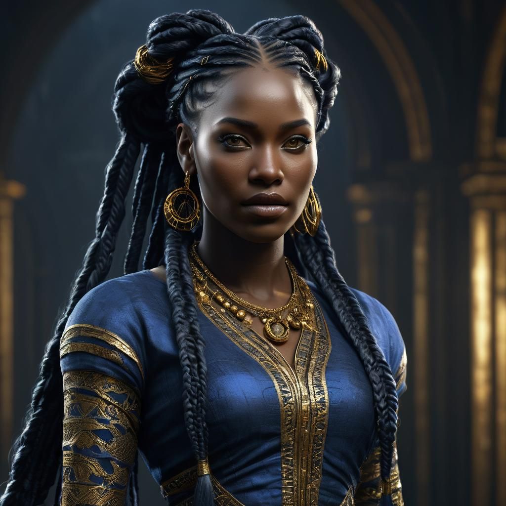 Black Girl in Blue and Gold Dress, Fantasy Art