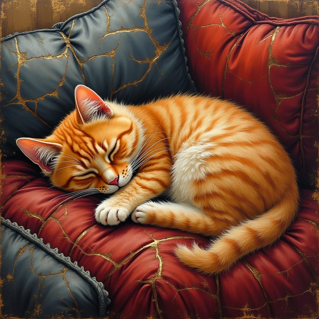 Fluffy Ginger Cat Sleeping on Velvet Bed