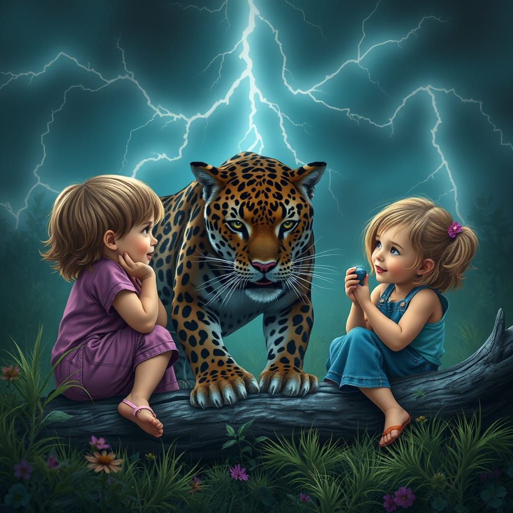 Children Surrounded by Panthers in a Realistic Storm Scene