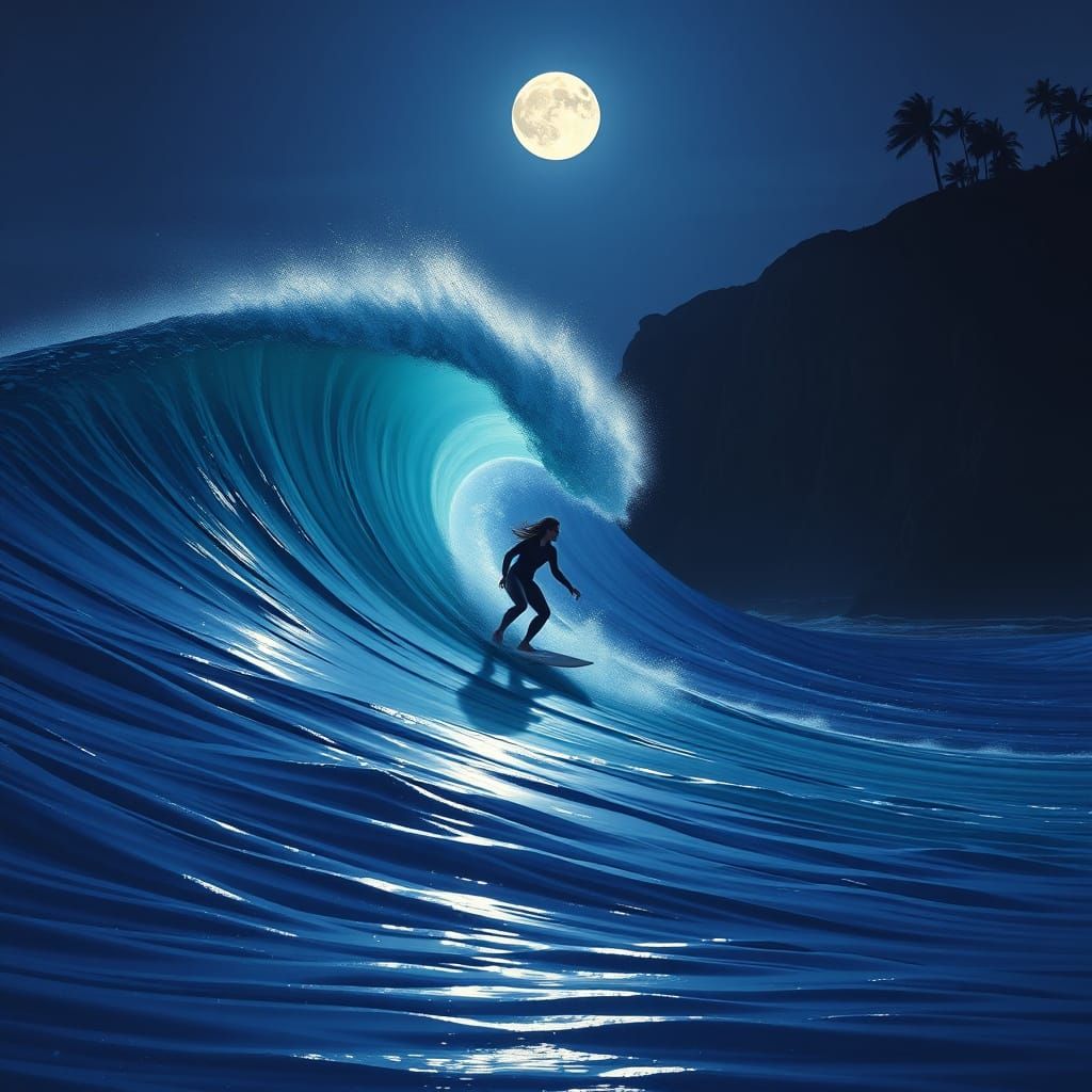 Serene Night Surfing Scene with Rugged Coastline