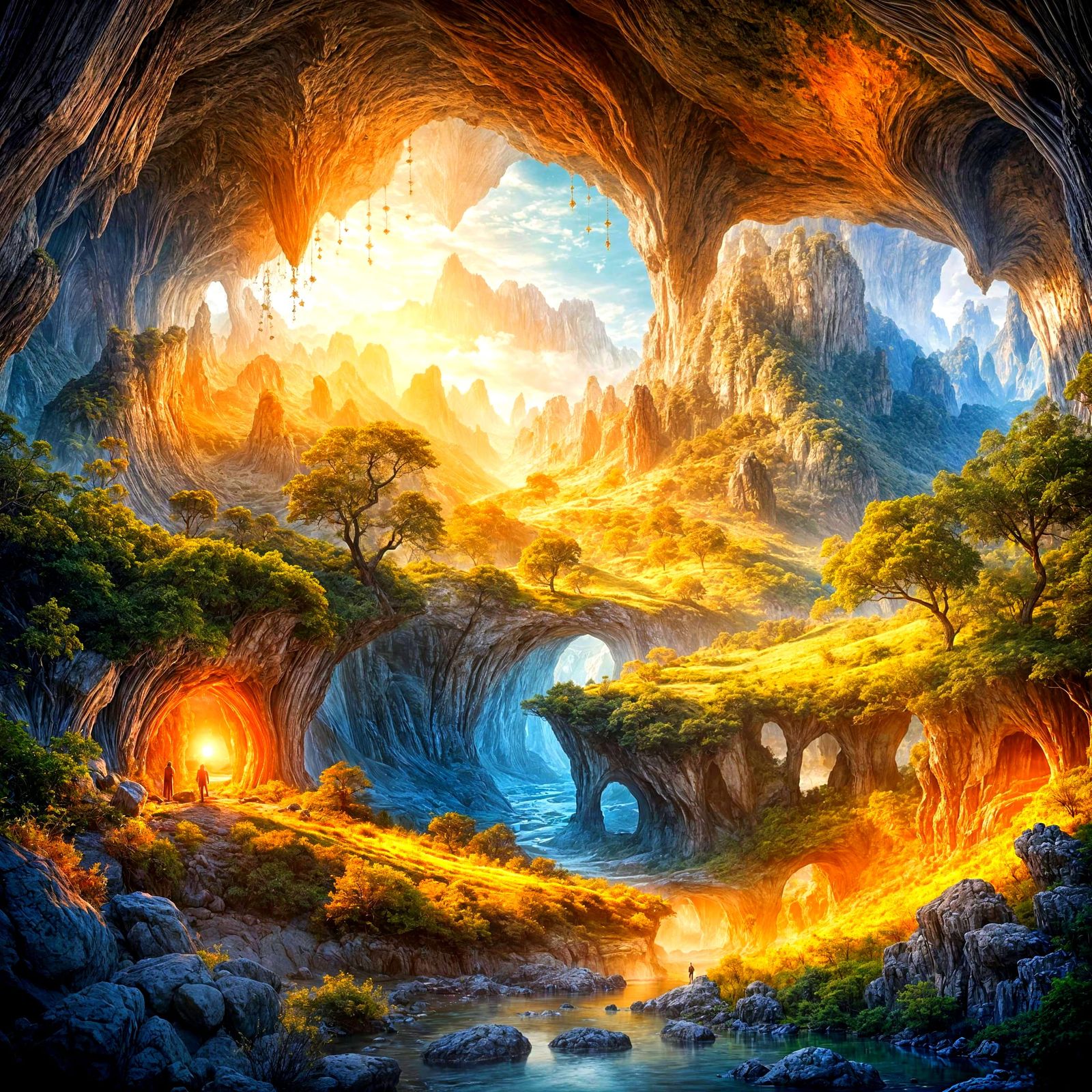 Mysterious Cave Double Exposure in Silvery Painterly Style